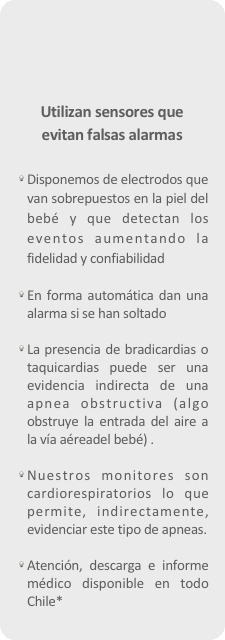 







Utilizan sensores que
evitan falsas alarmas

Disponemos de electrodos que van sobrepuestos en la piel del bebé y que detectan los eventos aumentando la fidelidad y confiabilidad

En forma automática dan una alarma si se han soltado 

La presencia de bradicardias o taquicardias puede ser una evidencia indirecta de una apnea obstructiva (algo obstruye la entrada del aire a la vía aéreadel bebé) .

Nuestros monitores son cardiorespiratorios lo que permite, indirectamente, evidenciar este tipo de apneas.

Atención, descarga e informe médico disponible en todo Chile*
